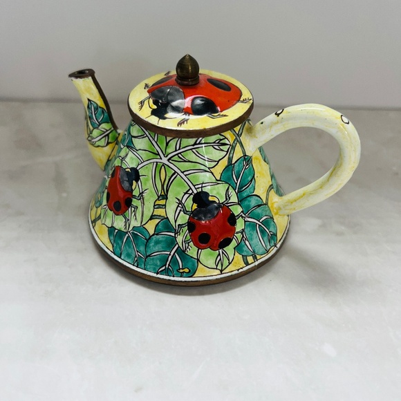 Authentic Kelvin Chen Ladybug Teapot Vintage | Taiwan Cloisonné Enamel | Garden - Picture 1 of 7